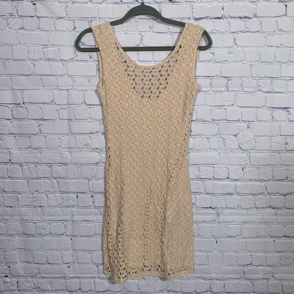 Free People Womens VTG Crochet Mini Tank Dress Beige Tan XS Boho Festival Beach